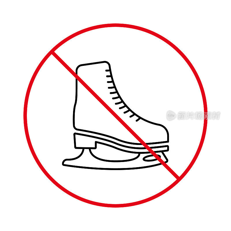 “溜冰场区域禁止娱乐”标志。禁止滑冰黑线图标。禁止花样滑冰的象形文字。冬季禁止穿溜冰鞋。溜冰者红色停止标志。孤立的矢量图