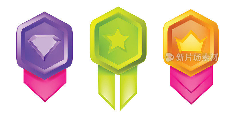 游戏徽章3D图标设置，升级勋章奖励证书，胜利奖励UI盾牌，等级按钮。