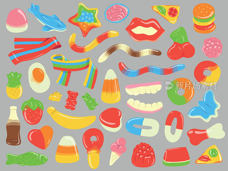 收集彩色卡通软糖和果冻糖果。孤立的手绘矢量插图。