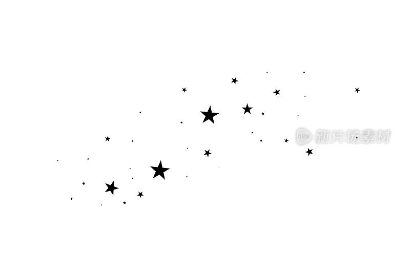 白色背景上的星星。黑色的星星与优雅的星星一起闪耀。流星体，彗星，小行星，恒星。