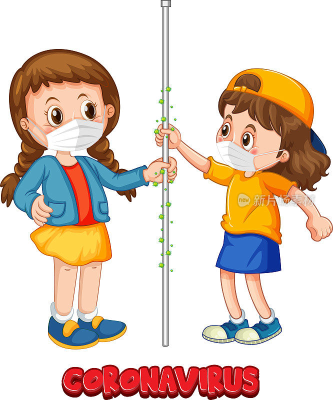 冠状病毒字体卡通风格与两个孩子不保持社会距离隔离在白色背景