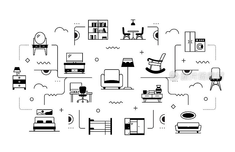 家具相关矢量横幅设计概念，现代线条风格与图标