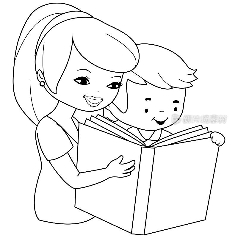 母亲和孩子在看书。矢量黑白着色页