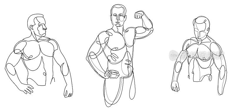 运动的男人躯干矢量线性插图集，男性美与完美的肌肉适合身体摆姿势，艺术绘图的健身模特。
