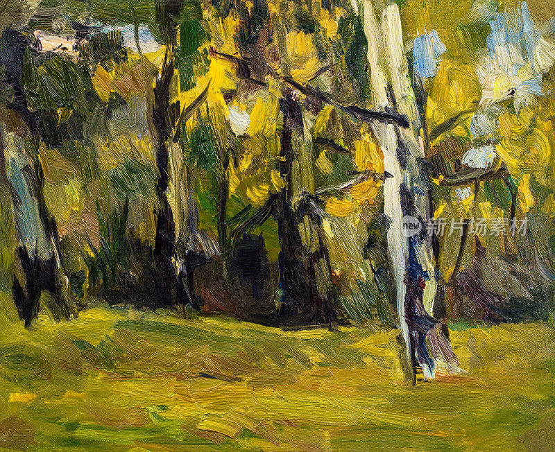 插图油画自然景观树干与树叶黄草在秋天的天空为背景