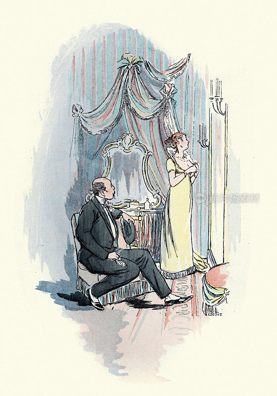 19世纪法国维多利亚历史时尚，一个女人穿着一件新的黄色晚礼服，一个男人在旁边看着