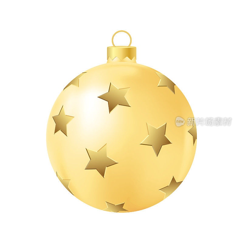 黄色圣诞树玩具与金色星星逼真的彩色插画