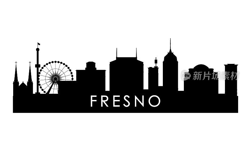 弗雷斯诺天际线轮廓。黑色的弗雷斯诺城市设计孤立在白色背景上。