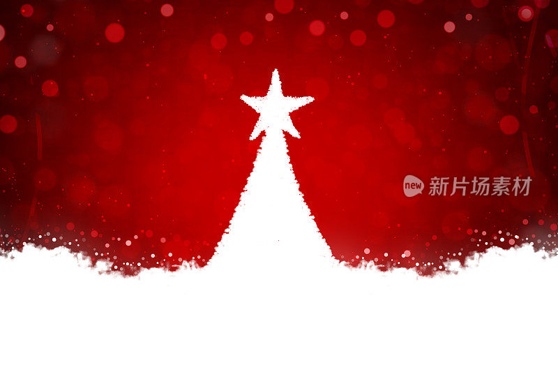 水平暗红色充满活力的栗色圣诞背景，一个创造性的三角形白色雪景圣诞树，顶部有一颗明亮的星星，闪闪发光的点遍布闪闪的背景和底部的雪