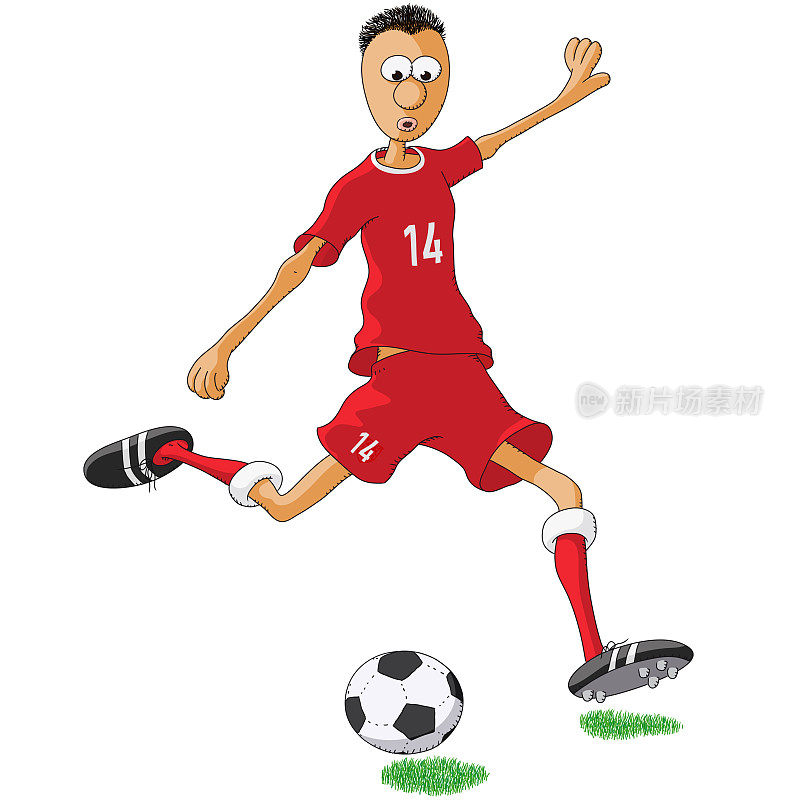穿着红色球衣的足球运动员正在踢球