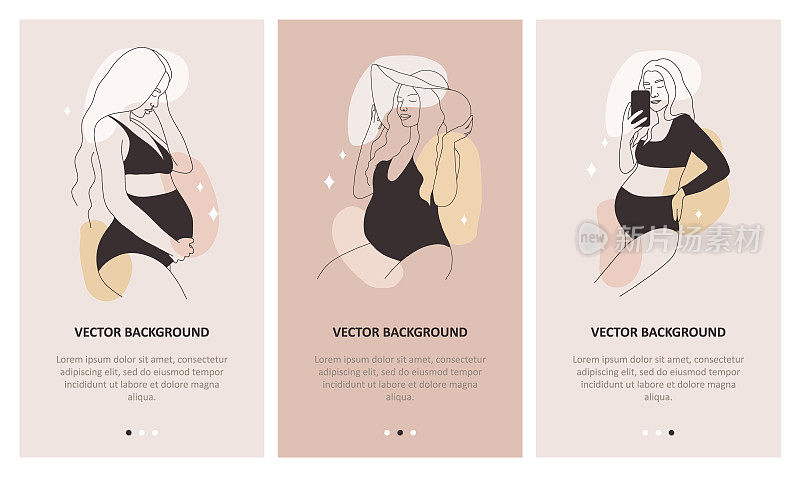 社交媒体的封面。现代线性孕妇。穿着黑色内衣的优雅女士。怀孕和母亲的概念。手绘矢量图