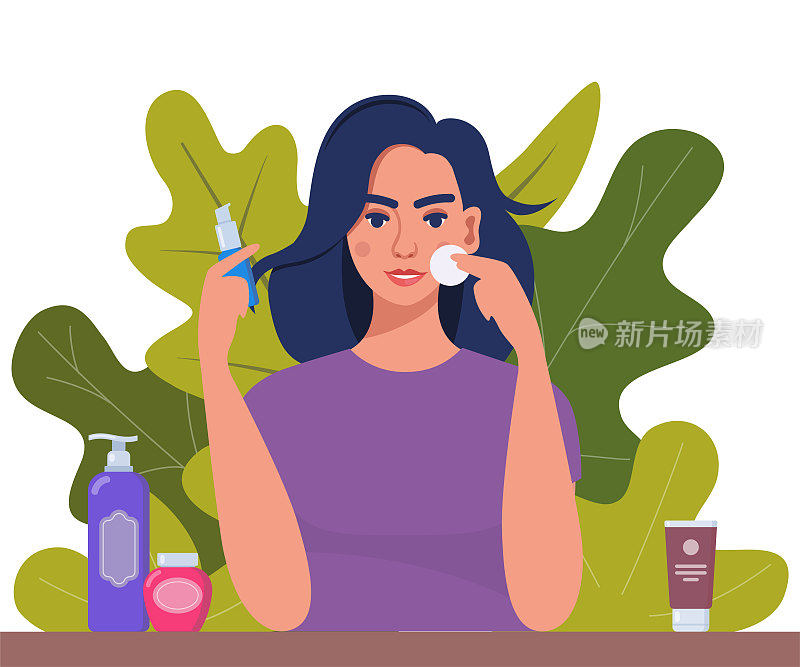 年轻女子用化妆棉洗脸。试管和小瓶化妆品，热带树叶为背景。纯素有机化妆品的护肤概念。矢量插图。