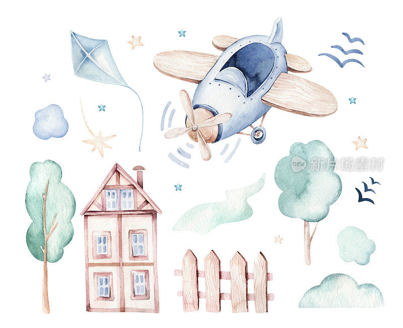 水彩画集婴儿卡通可爱的飞行员航空背景插画花式天空运输完成与飞机气球，云。男孩图案。这是一个迎婴派对的插画