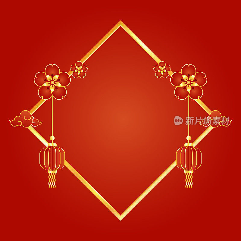 2023年春节快乐。中国新年旗帜与圈显示产品。贺卡。中国框架，红色背景灯笼。