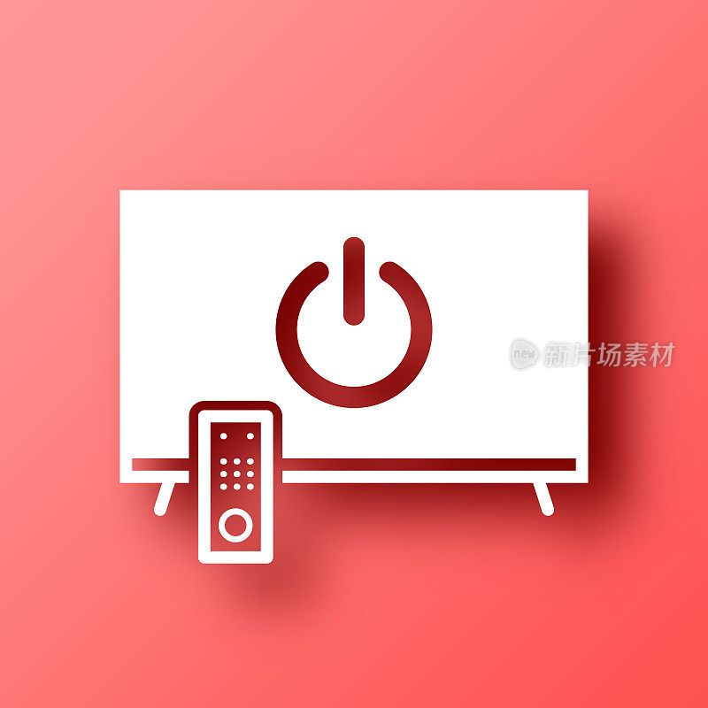 电视有电源按钮。图标在红色背景与阴影