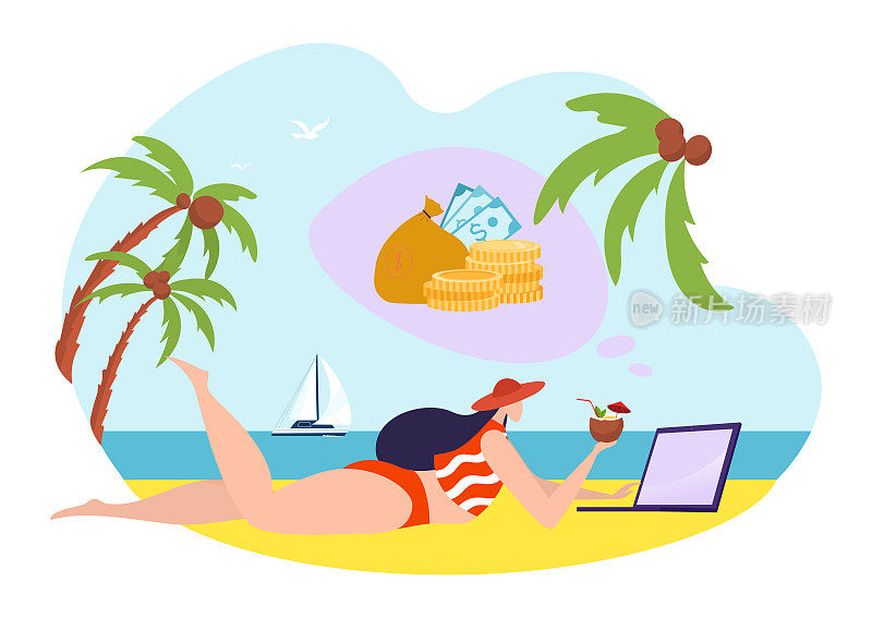 自由职业者与笔记本电脑，概念，矢量插图，平女人字符躺在海滩上，自由职业者在夏季海岸与电脑。