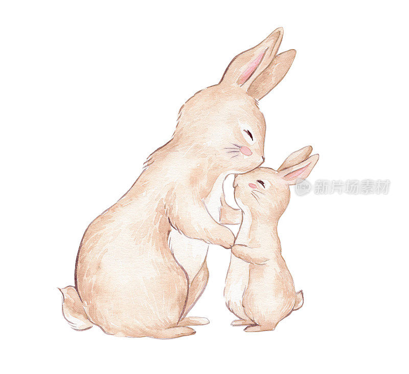 兔妈妈和兔宝宝的水彩画插图。妈妈拥抱并亲吻小兔子。可爱的米色小兔子。可用于t恤印花，童装时装设计，宝宝沐浴礼邀请函