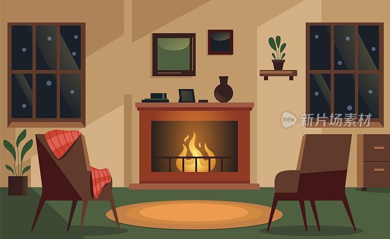 室内壁炉。温馨的家居场所搭配燃炉传统家具装饰材料，温暖的冬季休闲理念。矢量图