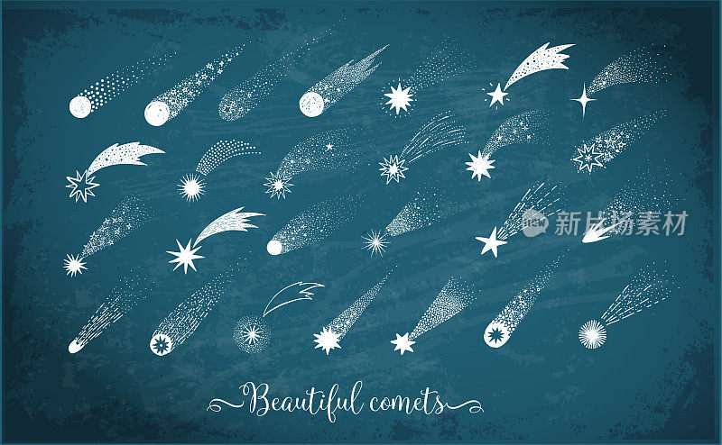 收集涂鸦彗星，陨石和流星在黑板背景。矢量示意图。