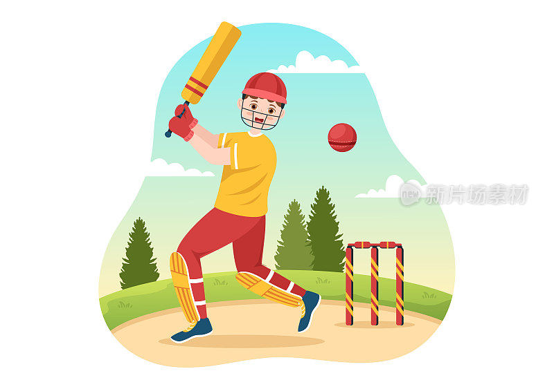 击球手玩板球运动插图与蝙蝠和球在赛场上的冠军在平面卡通手绘模板
