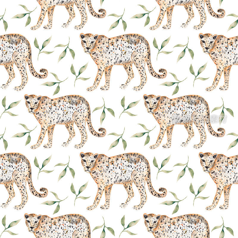 水彩丛林豹数字纸，狩猎动物图案，非洲野猫，热带美洲虎，猎豹，印刷设计的织物，剪贴簿纸