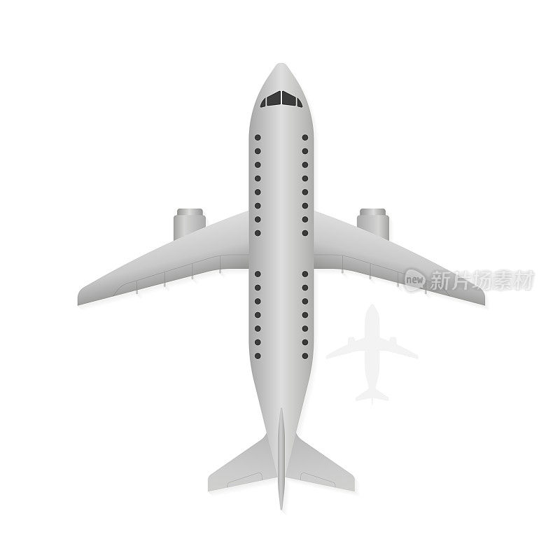 飞行飞机，喷气式飞机，飞机。有阴影的平面。从上面看，客机的细节被隔离在白色的背景上。矢量图