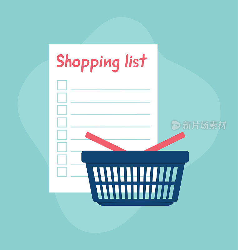 大购物清单和蓝绿色背景上的蓝色塑料购物篮。平面矢量图