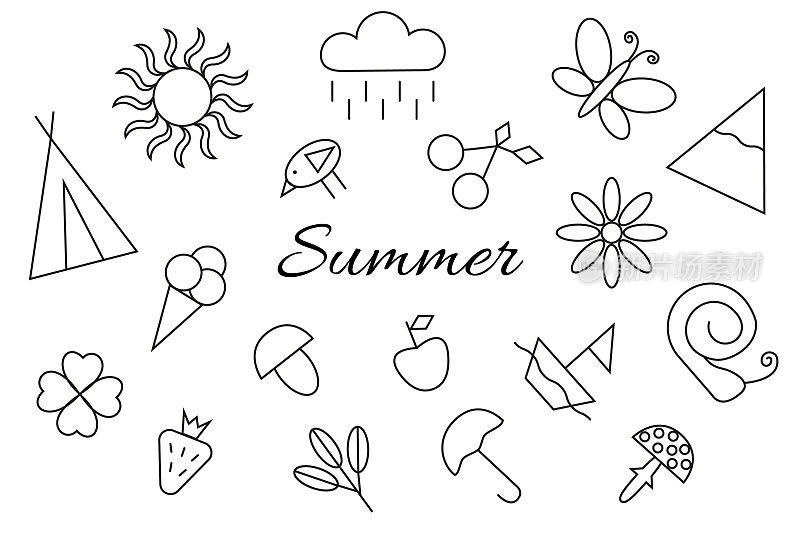 矢量图像的夏季对象在涂鸦风格。夏季户外娱乐的简化插图。