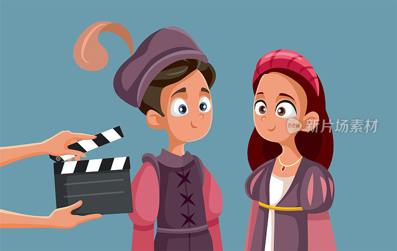 工作人员拍摄罗密欧与朱丽叶与年轻演员矢量卡通