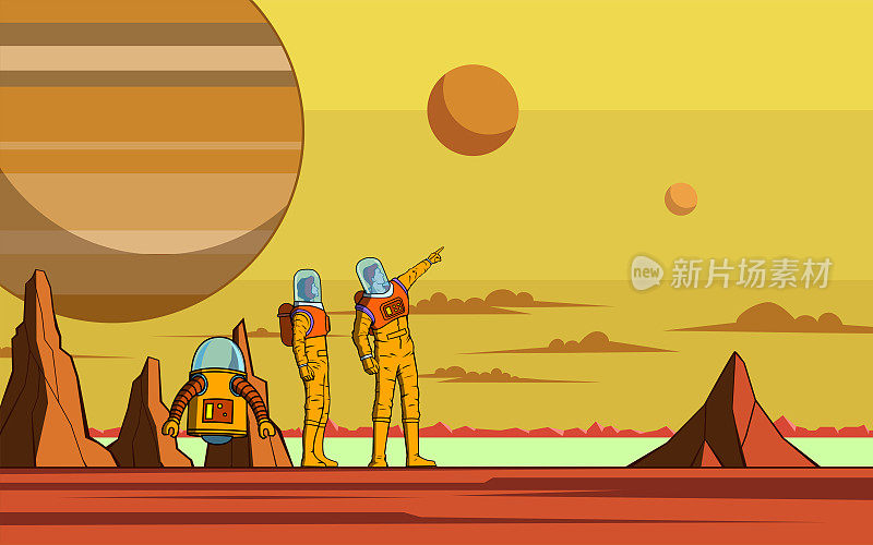 矢量复古宇航员夫妇和机器人伴侣探索一个新的星球卡通股票插图