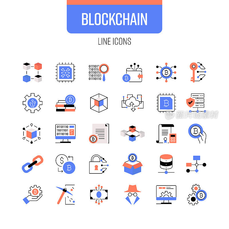 区块链线路图标设置。技术，比特币，连接，未来，数据库，虚拟现实