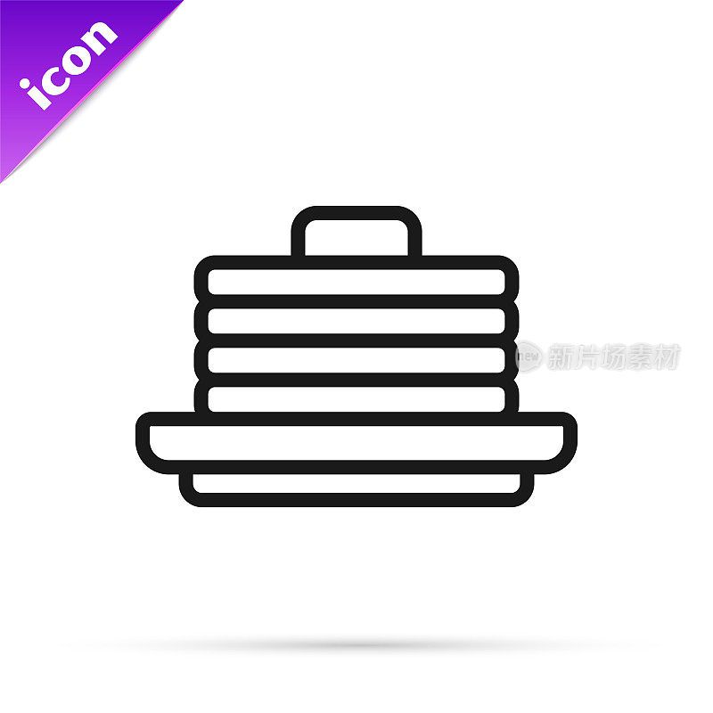 黑线堆叠煎饼图标孤立在白色背景。用糖浆和樱桃烘烤。早餐的概念。向量