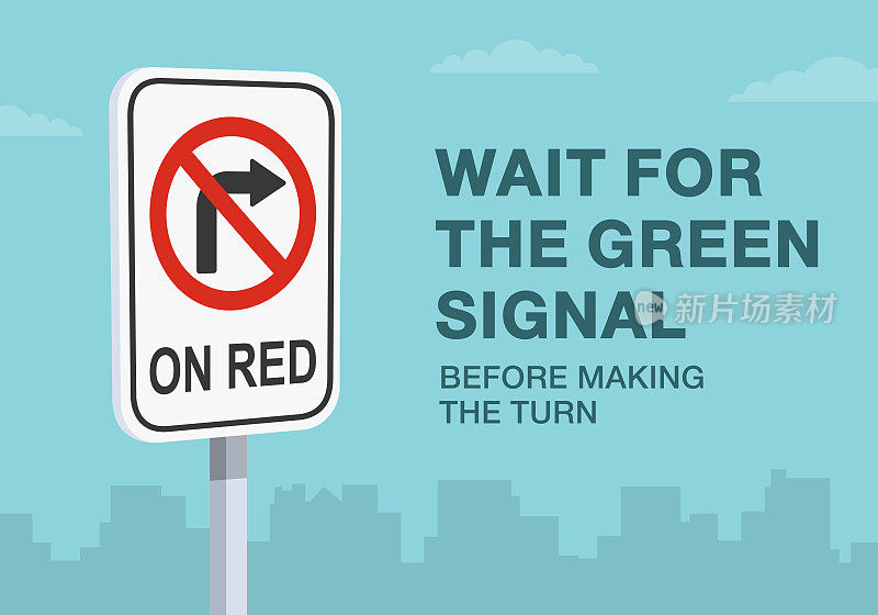 安全驾驶须知及交通规则。“等绿灯后再转弯”的交通标志。特写镜头。