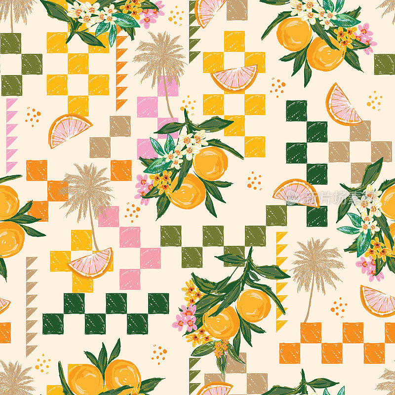 美丽无缝暑假无缝图案。夏季水果，柠檬，橙子，花，香蕉，海滩和海洋矢量手绘风格