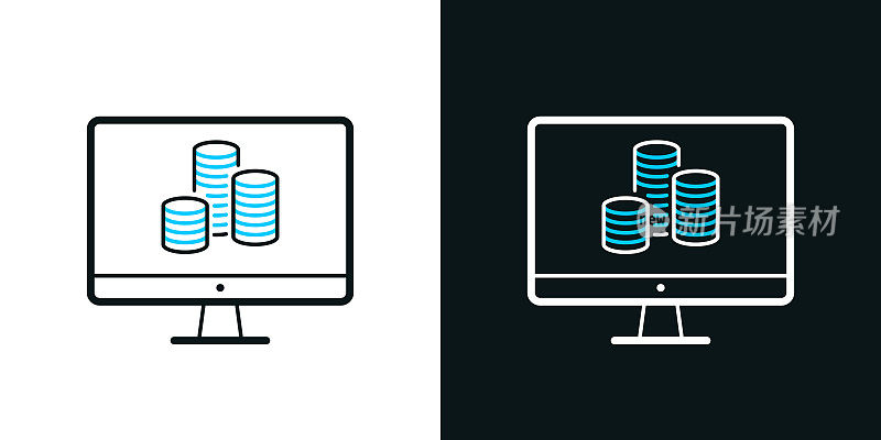 台式电脑上有一堆硬币。黑色或白色背景上的双色线图标-可编辑的笔画