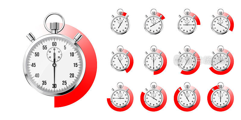 现实的经典秒表。闪亮的金属天文钟，时间计数器与拨号。红色倒计时显示分和秒。计时运动，开始和结束。矢量图