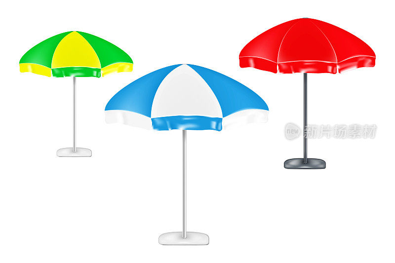 彩色六边形天井伞现实向量。户外花园遮阳伞。沙滩遮阳伞。易于编辑的插图