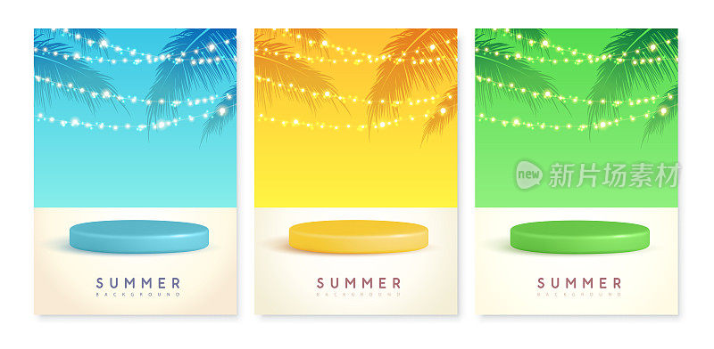 一套丰富多彩的夏季背景与舞台，一串灯和棕榈叶。彩色最小场景。矢量图