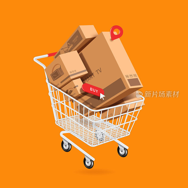 按下红色的“购买订单”按钮后，将大量的包裹盒或纸板箱、电子产品或小工具放在购物车中