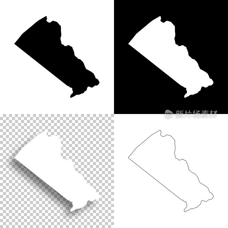 巴克斯县，宾夕法尼亚州。设计地图。空白，白色和黑色背景