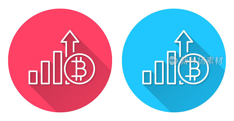比特币价格上涨。圆形图标与长阴影在红色或蓝色的背景