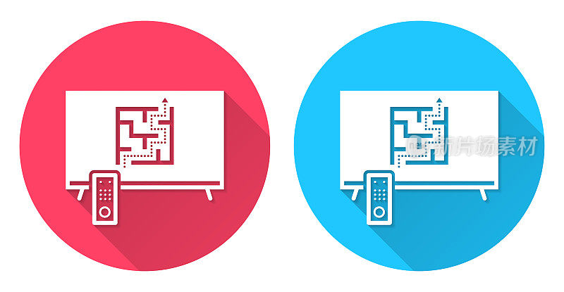 有迷宫的电视。圆形图标与长阴影在红色或蓝色的背景