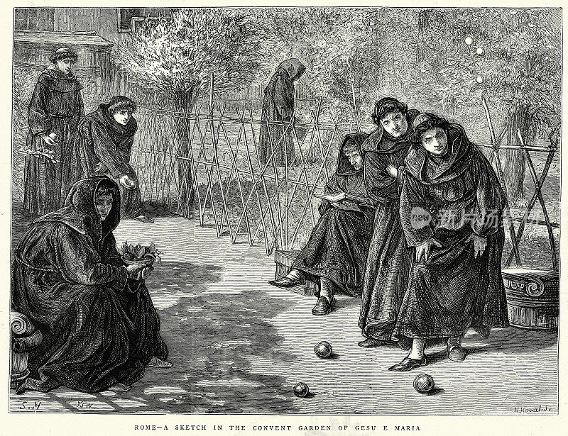 1872年，19世纪的罗马，僧侣们在Gesù玛利亚修道院的花园里玩球