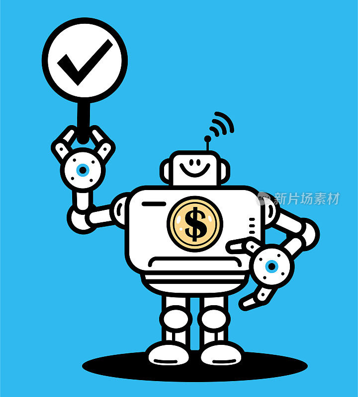 人工智能金融分析师机器人手持复选标记或正确符号表示“是”的概念