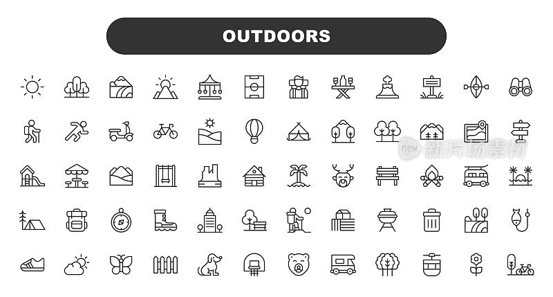 户外线条图标。可编辑的中风。包含这样的图标，露营，骑自行车，森林，徒步旅行，山，自然，户外，公园，运动，生存，旅游，交通，旅行，度假。