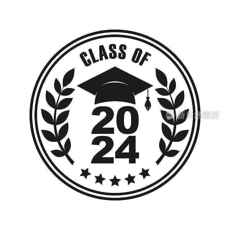 类2024年毕业问候徽章，橡皮图章，印记，印章与学位板，月桂树枝和星星-剪出矢量图标