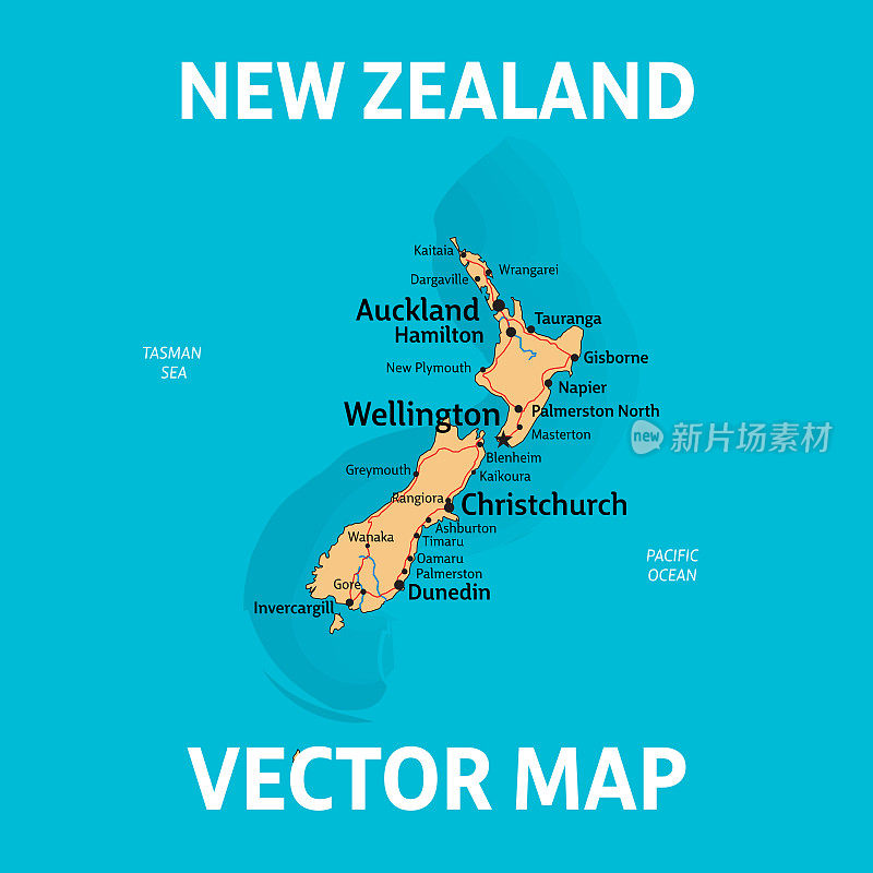 新西兰矢量地图与城市，河流和道路在单独的层。