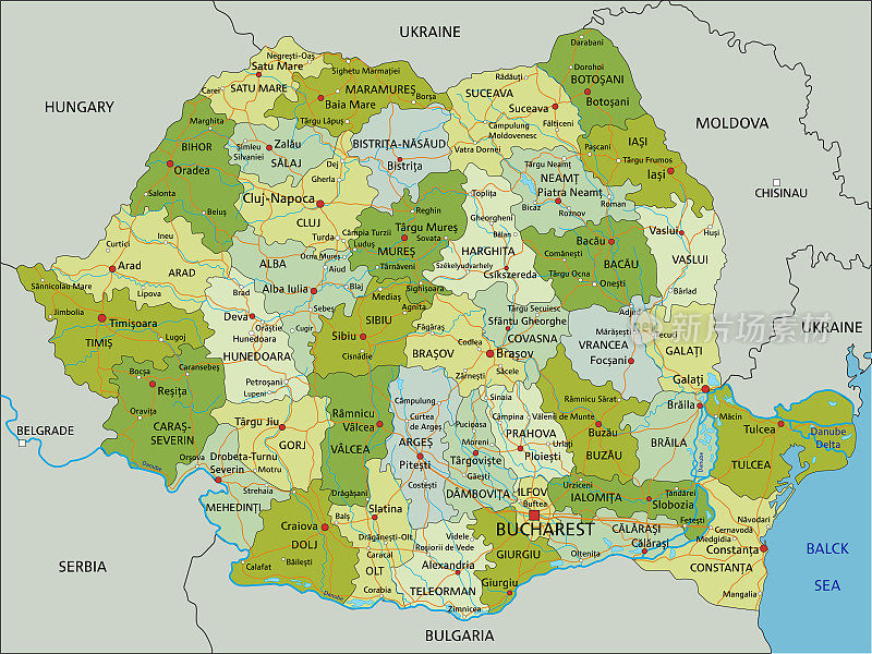 高度详细的可编辑的政治罗马尼亚地图与分离的层。