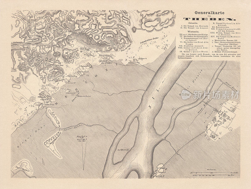 埃及底比斯的历史地图，木刻，1879年出版