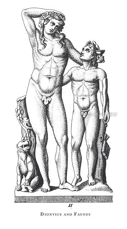 狄俄尼索斯与福纳斯，神与神话人物雕刻古董插图，1851年出版